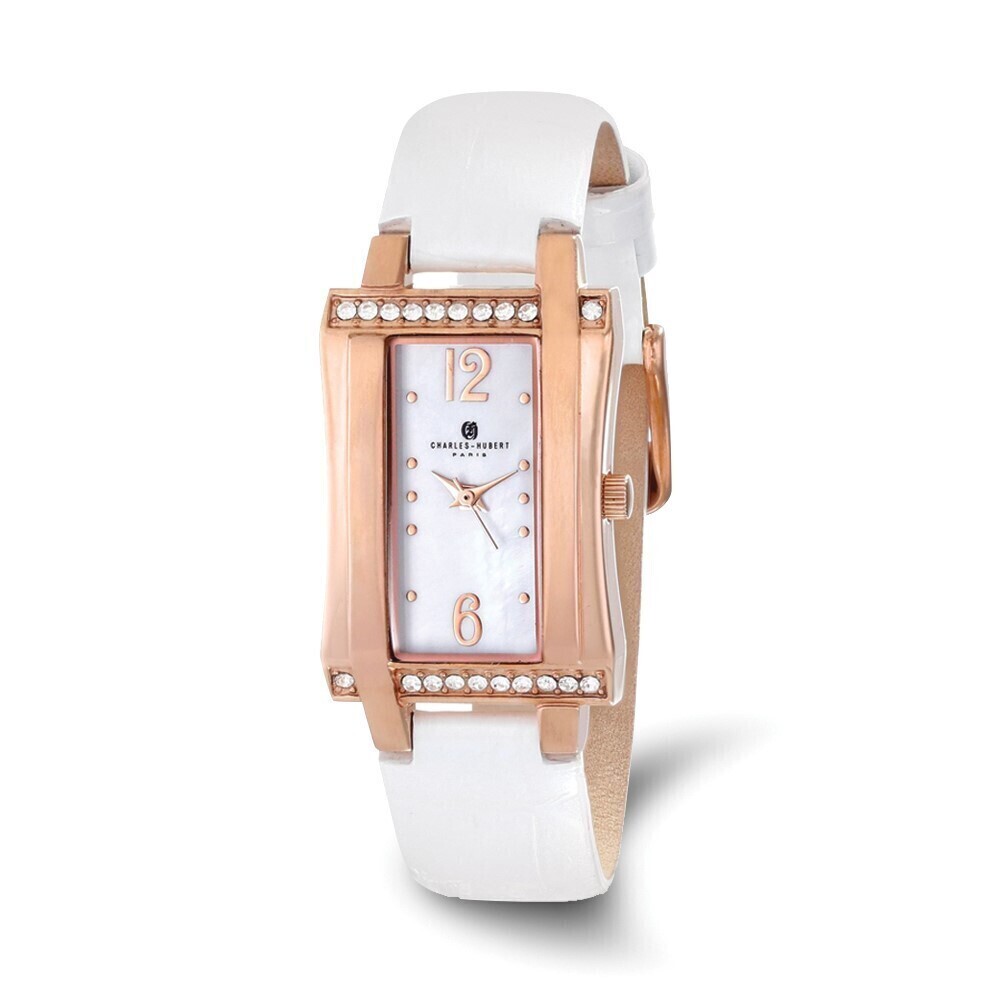 Kazi Luxury Ladies Charles Hubert Rose IP Stainless Steel White Leather 23x32mm